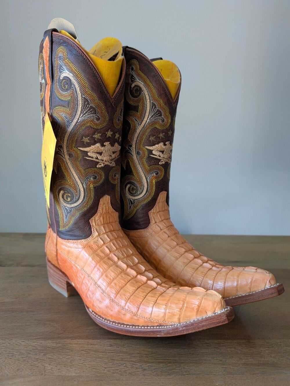 El General Cowboy Boots Mens Size 7 Brown Exotic Leather Croc Tail Embroidered